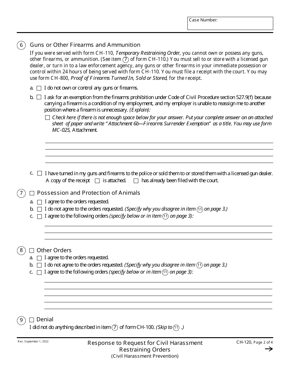 Form CH-120 Response to Request for Civil Harassment Restraining Orders - California, Page 2