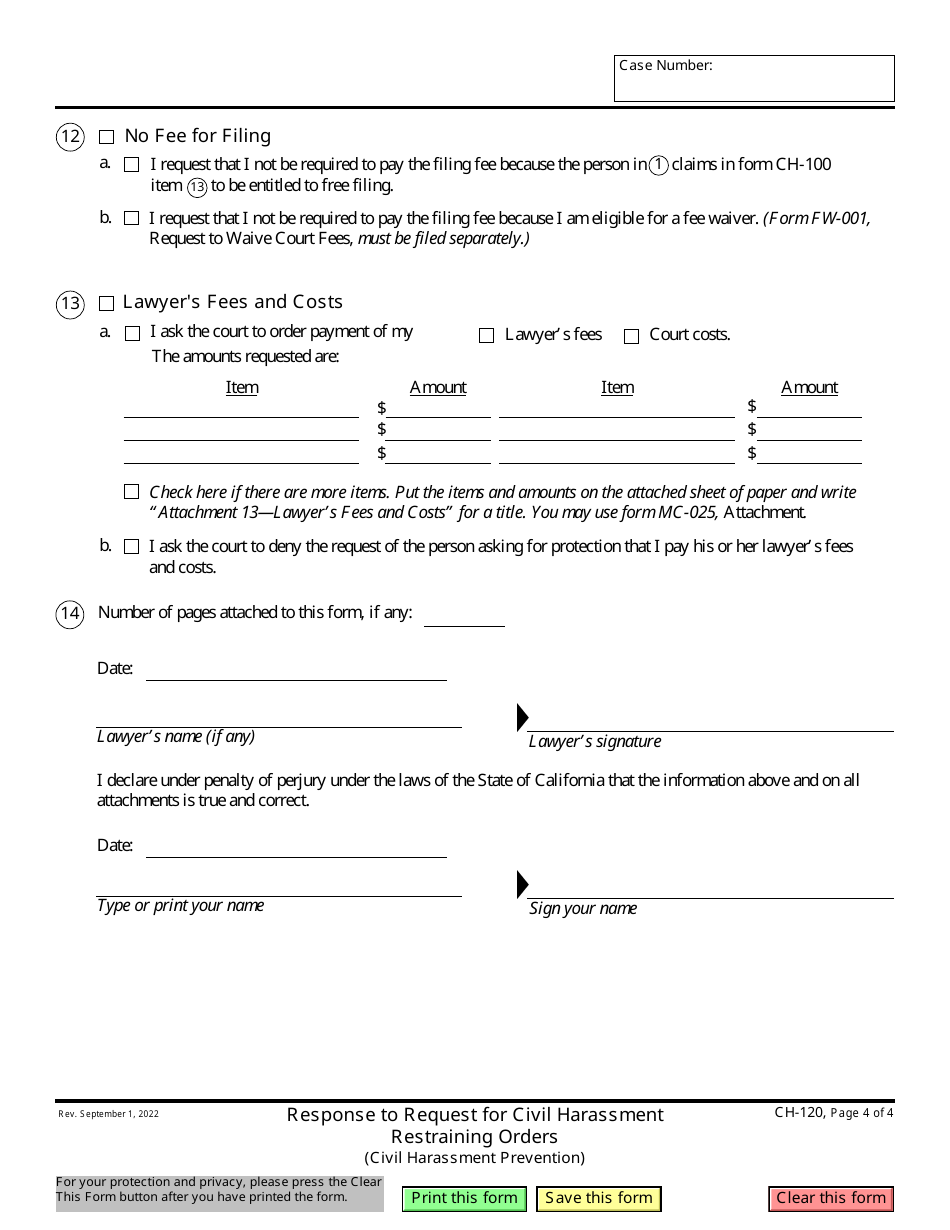 Form CH-120 Response to Request for Civil Harassment Restraining Orders - California, Page 4