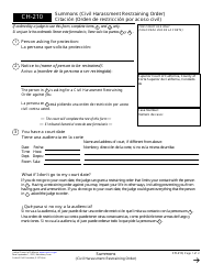 Document preview: Form CH-210 Summons (Civil Harassment Restraining Order) - California (English/Spanish)