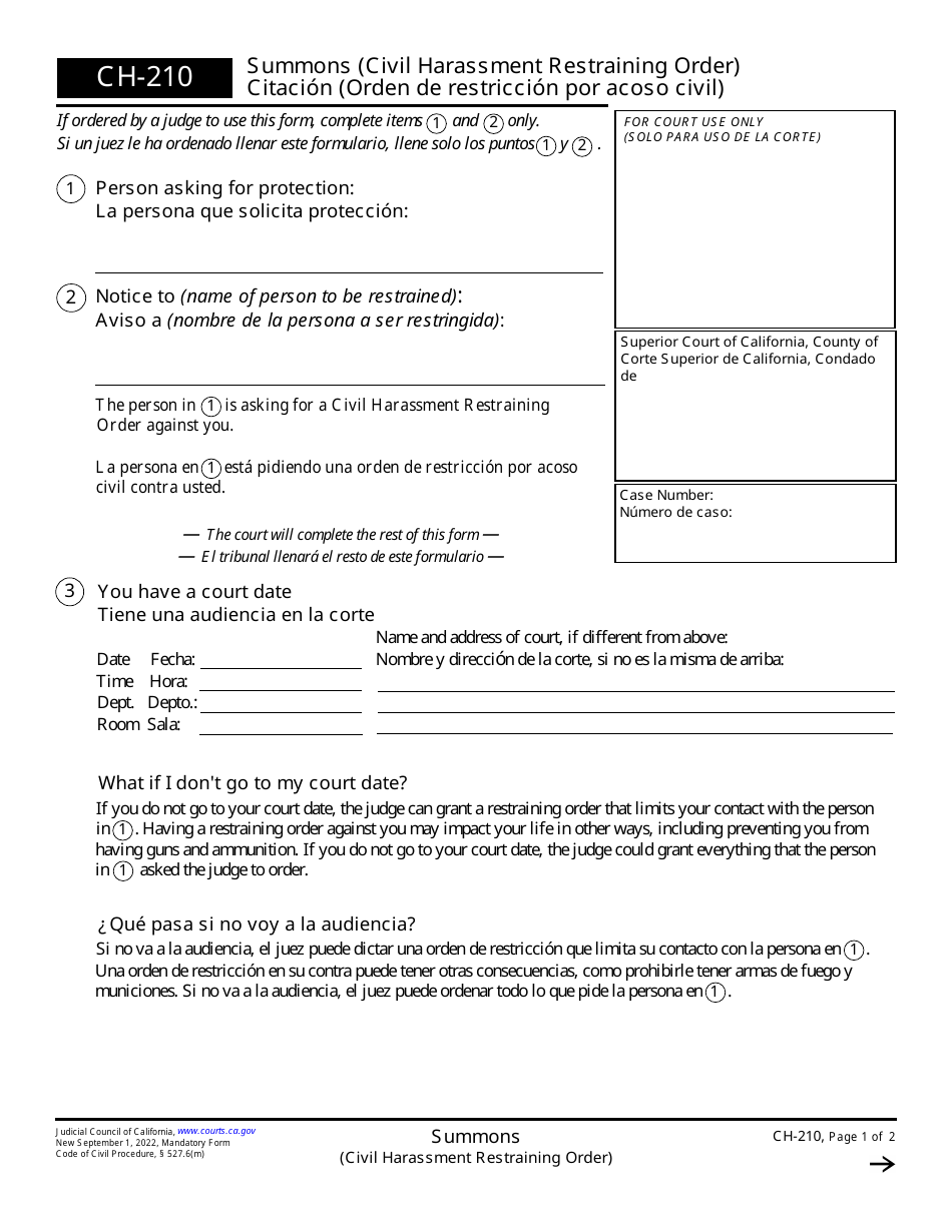 Form CH-210 Summons (Civil Harassment Restraining Order) - California (English / Spanish), Page 1