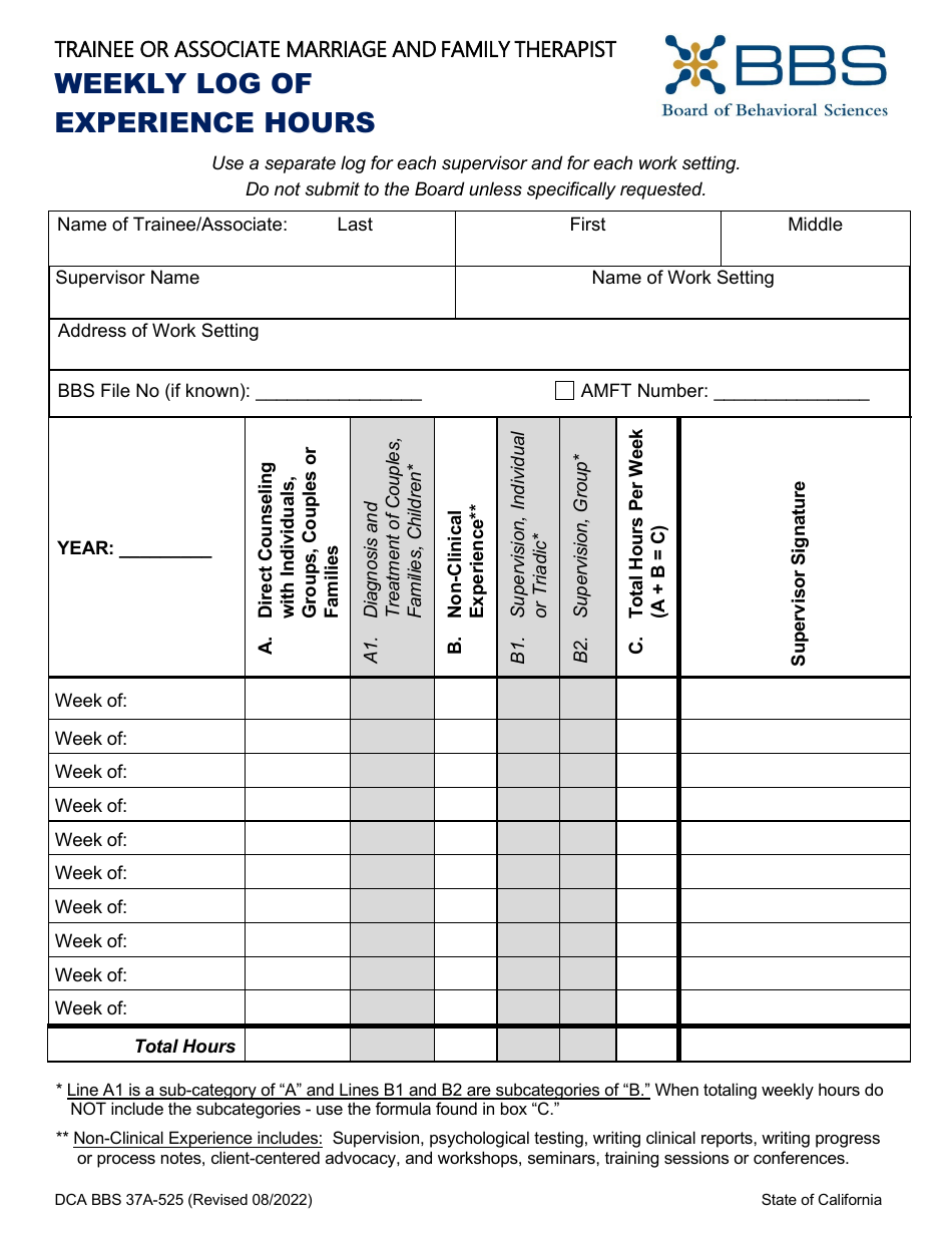 Form DCA BBS37A-525 Trainee or Associate Marriage and Family Therapist Weekly Log of Experience Hours - California, Page 1