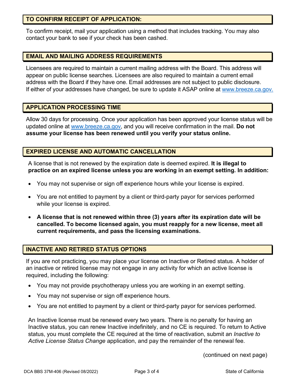 Form DCA BBS37M-406 Application for License Renewal - California, Page 3