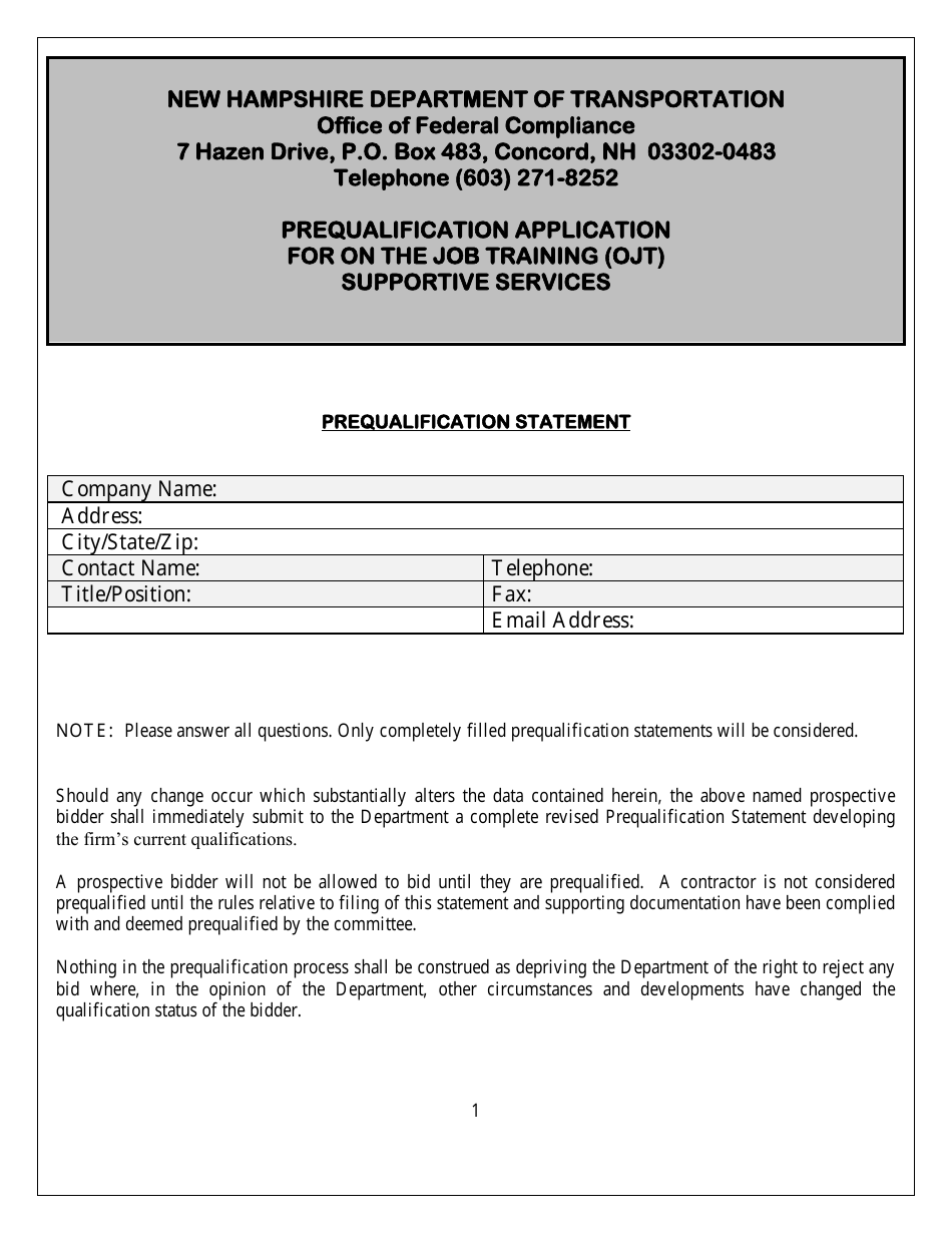 Prequalification Application for on the Job Training (Ojt) Supportive Services - New Hampshire, Page 1