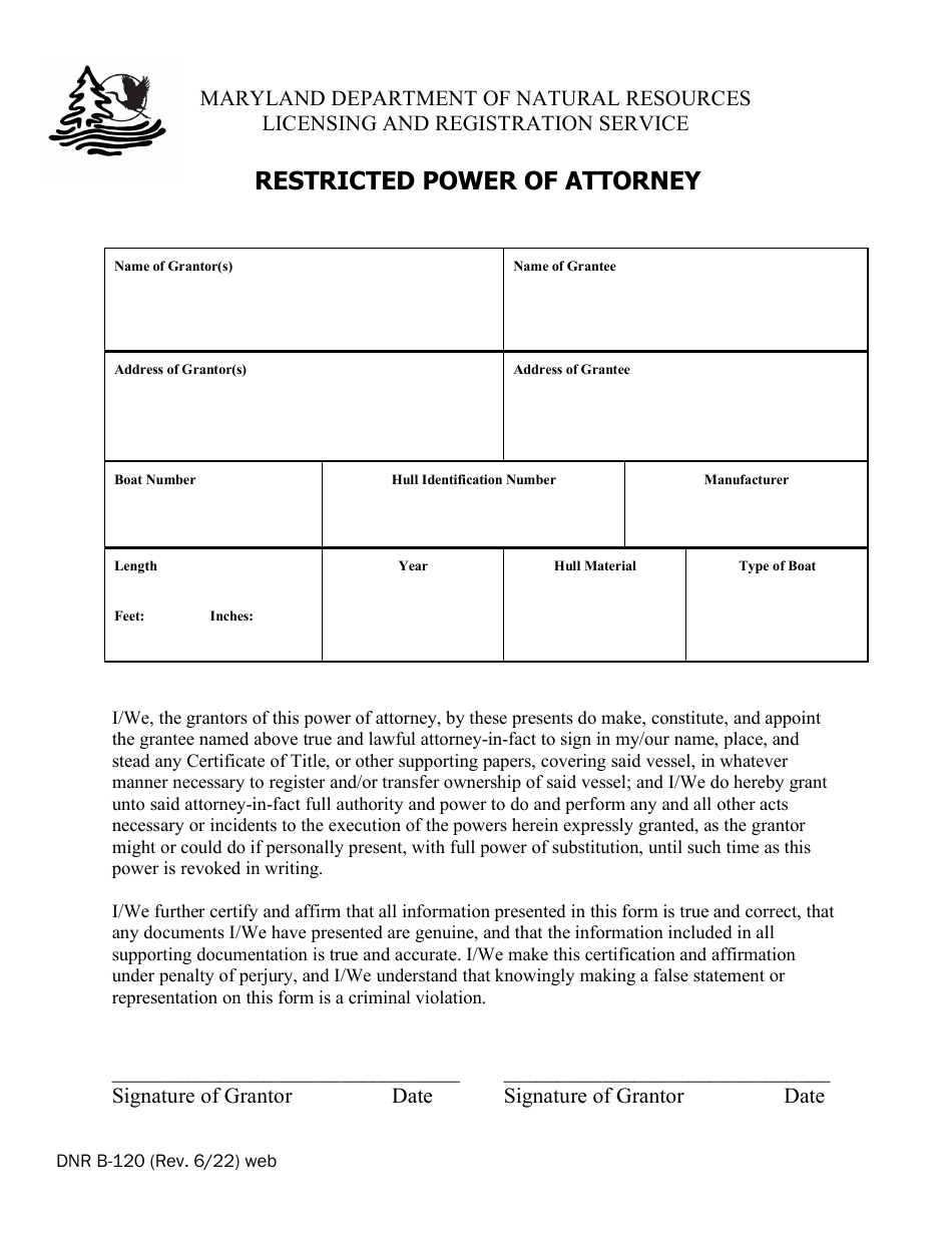 DNR Form B-120 Restricted Power of Attorney - Maryland, Page 1
