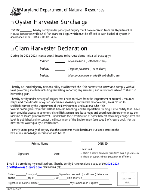 Oyster Harvester Declaration Form - Maryland Download Pdf