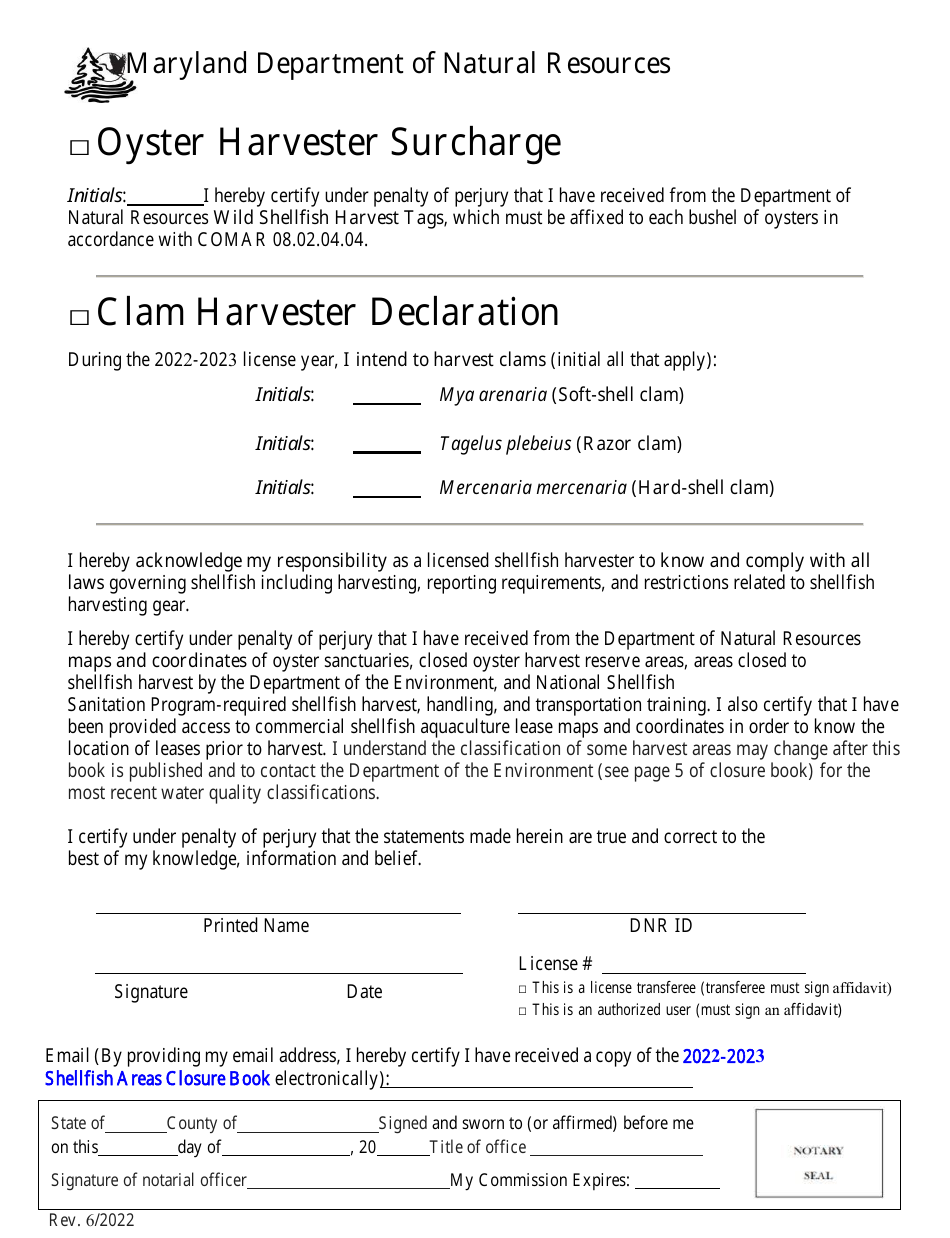 Oyster Harvester Declaration Form - Maryland, Page 1