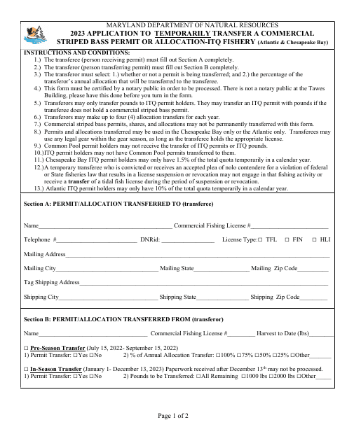 Application to Temporarily Transfer a Commercial Striped Bass Permit or Allocation-Itq Fishery (Atlantic & Chesapeake Bay) - Maryland Download Pdf