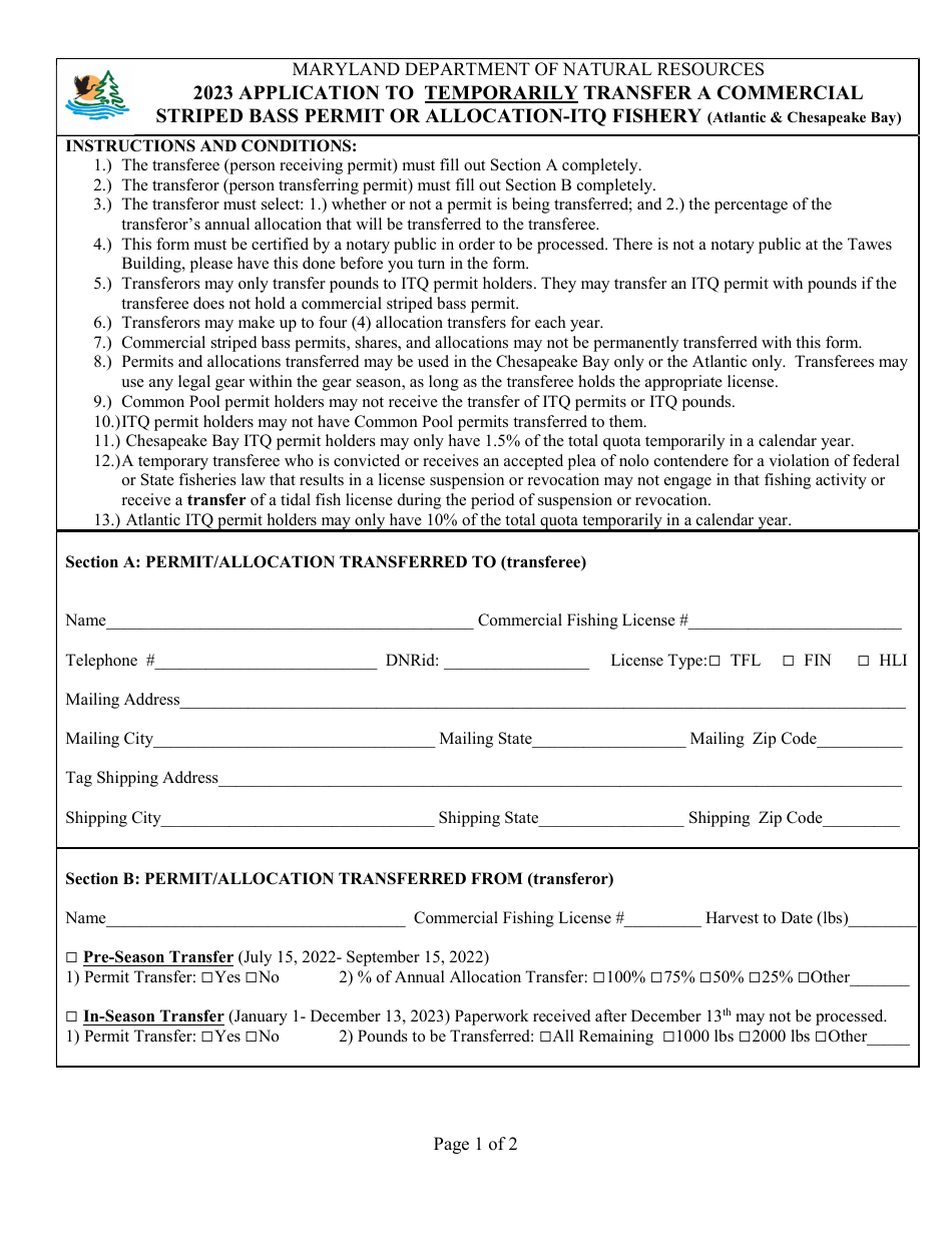 Application to Temporarily Transfer a Commercial Striped Bass Permit or Allocation-Itq Fishery (Atlantic  Chesapeake Bay) - Maryland, Page 1