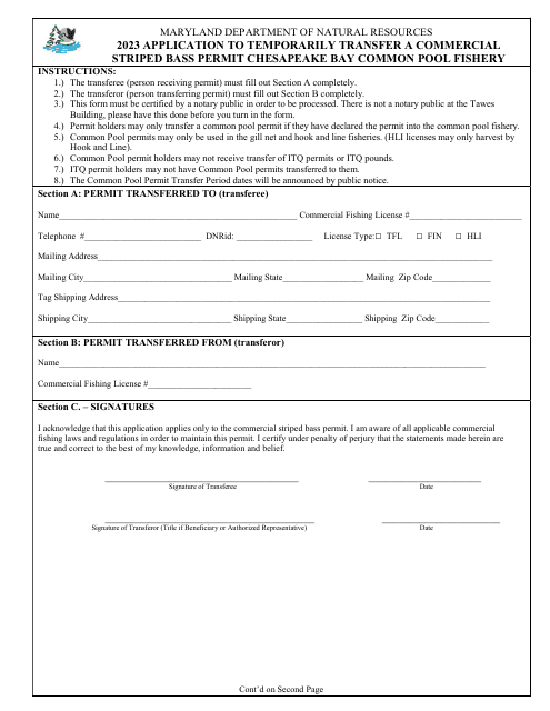 Application to Temporarily Transfer a Commercial Striped Bass Permit Chesapeake Bay Common Pool Fishery - Maryland Download Pdf