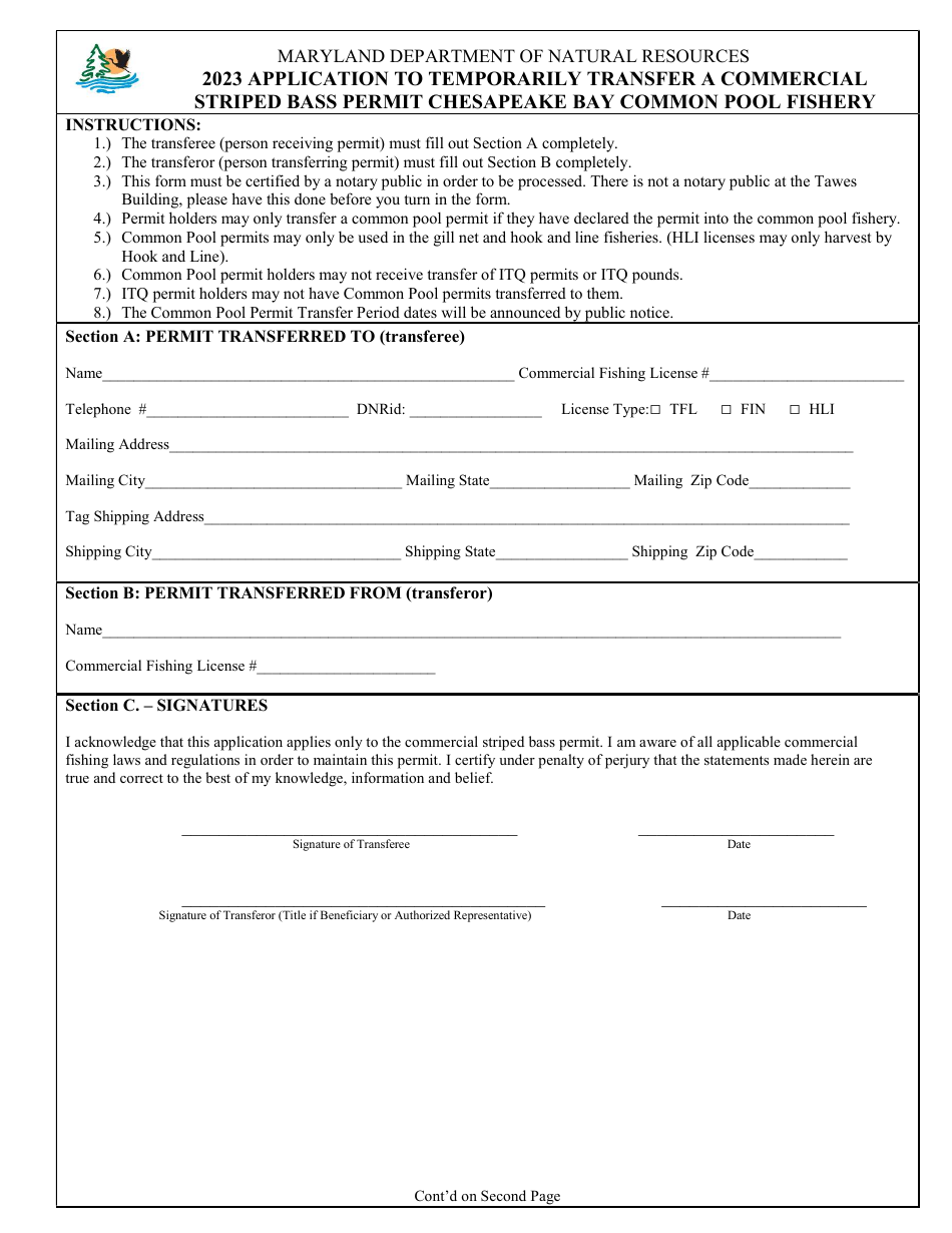Application to Temporarily Transfer a Commercial Striped Bass Permit Chesapeake Bay Common Pool Fishery - Maryland, Page 1