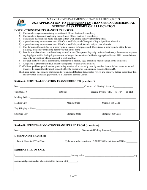 Application to Permanently Transfer a Commercial Striped Bass Permit or Allocation - Maryland Download Pdf