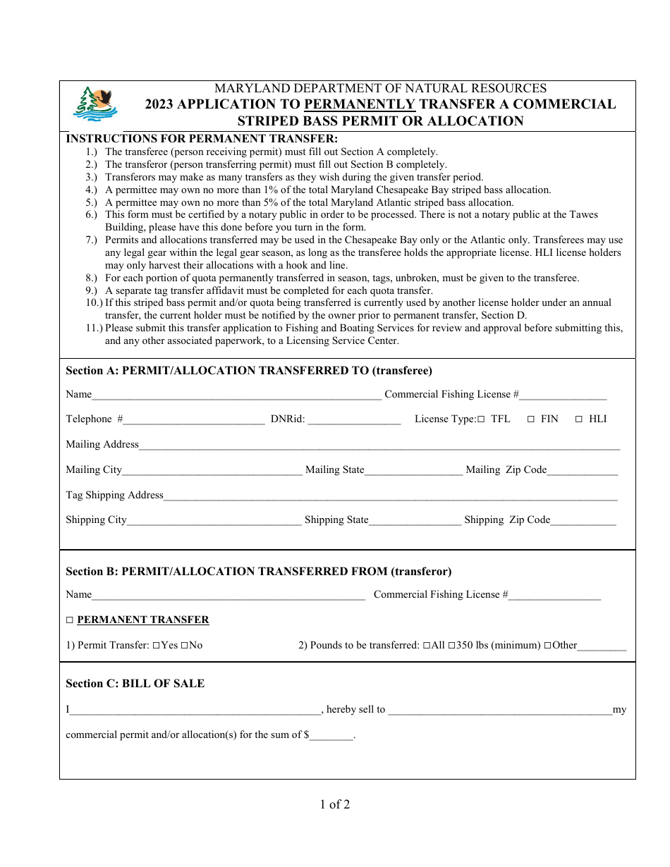 Application to Permanently Transfer a Commercial Striped Bass Permit or Allocation - Maryland, Page 1