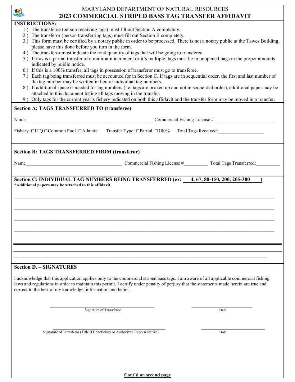 Commercial Striped Bass Tag Transfer Affidavit - Maryland, Page 1