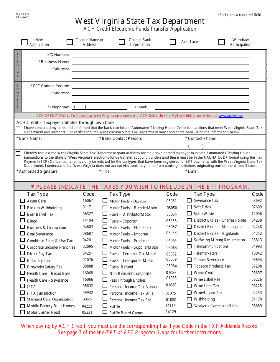 Form WV / EFT-5 ACH Credit Electronic Funds Transfer Application - West Virginia, Page 1