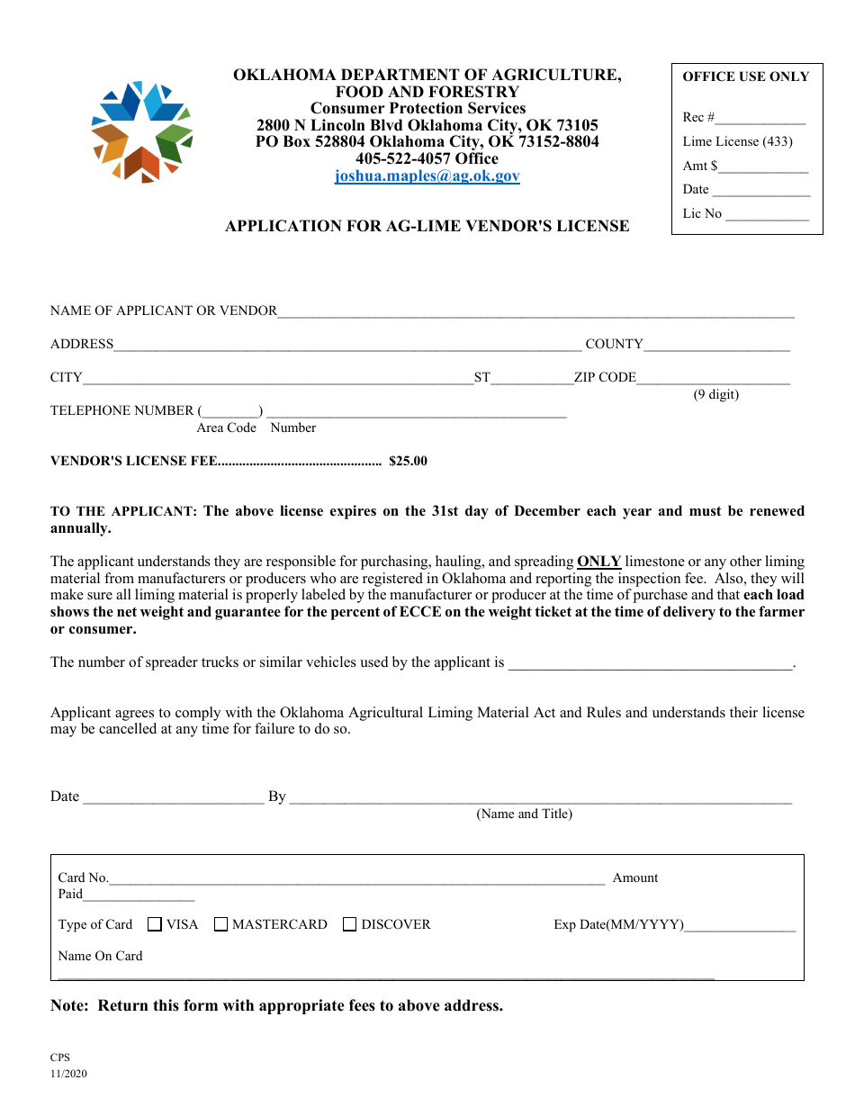 Application for Ag-Lime Vendors License - Oklahoma, Page 1