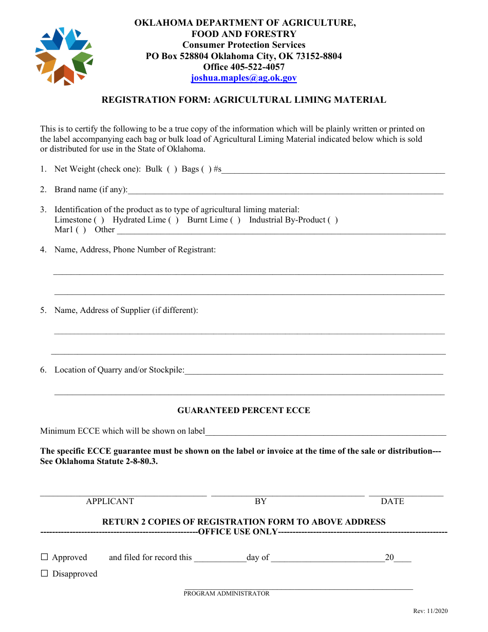 Registration Form: Agricultural Liming Material - Oklahoma, Page 1