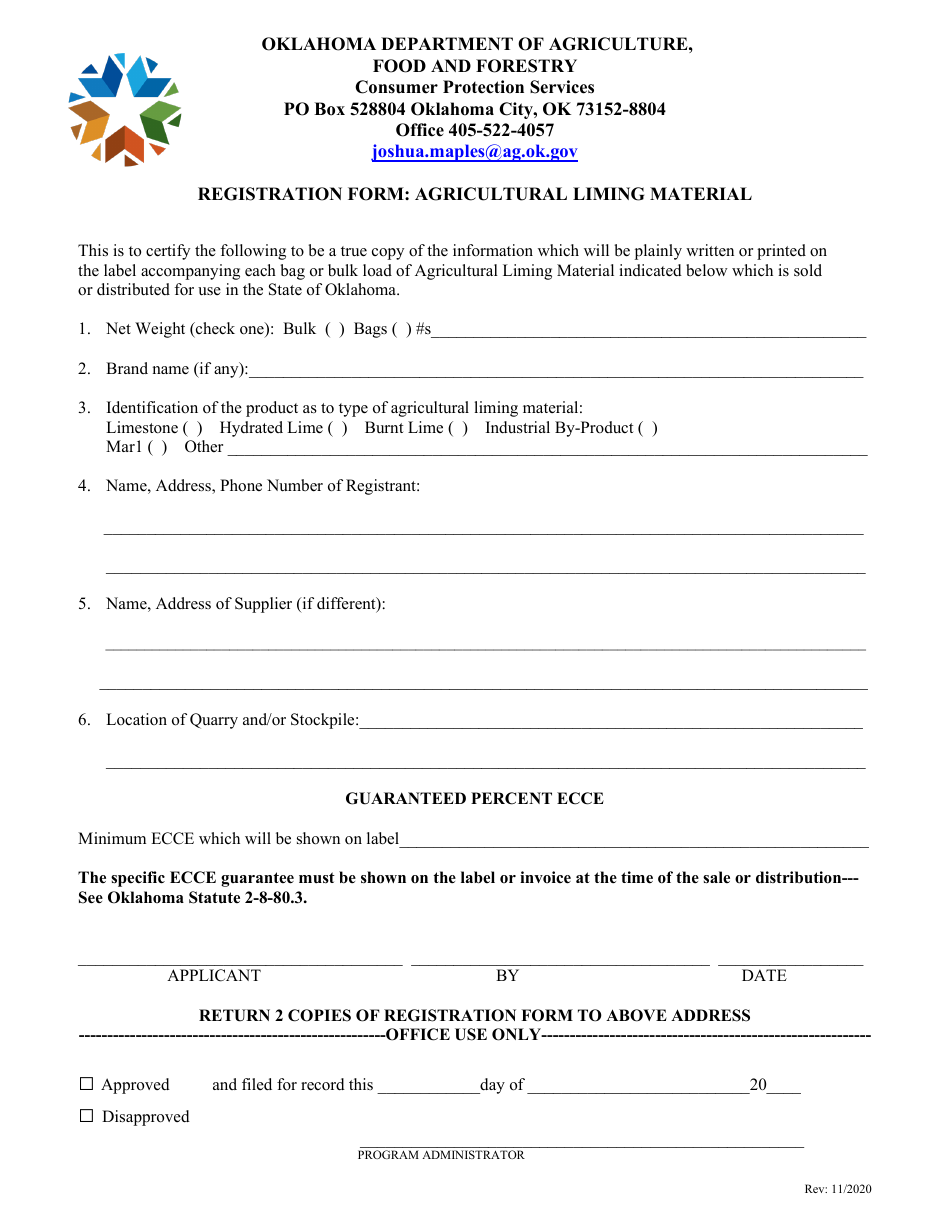 Oklahoma Registration Form Agricultural Liming Material Fill Out