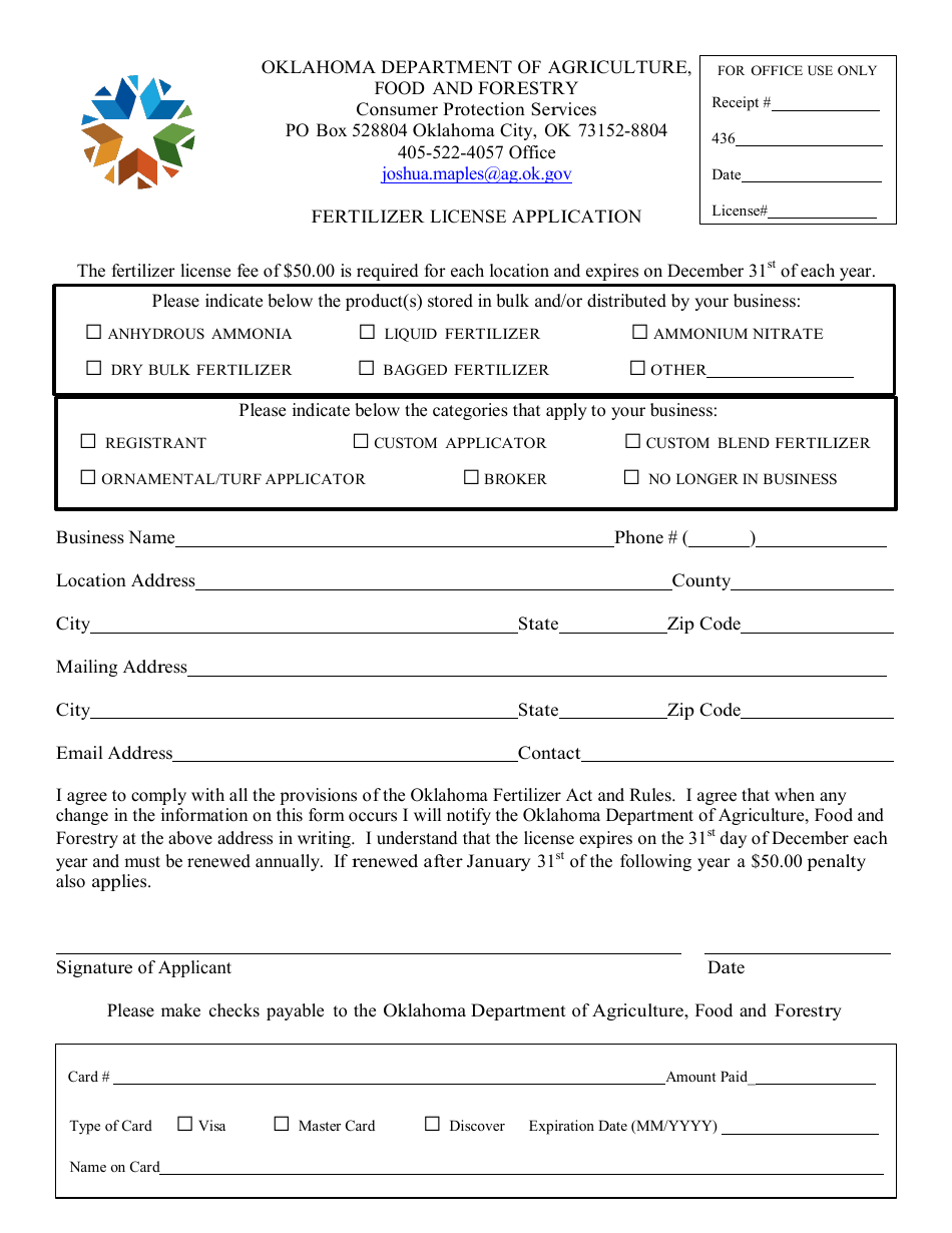 Fertilizer License Application - Oklahoma, Page 1