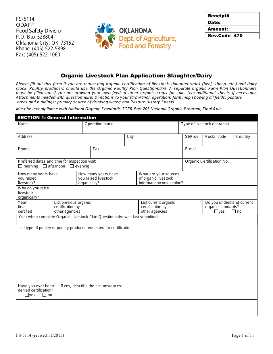 Form FS-5114 Organic Livestock Plan Application: Slaughter / Dairy - Oklahoma, Page 1