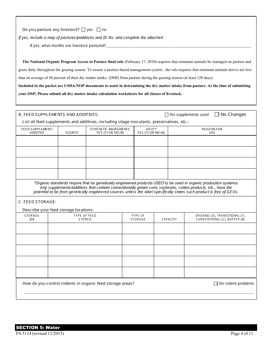 Form FS-5114 Organic Livestock Plan Application: Slaughter / Dairy - Oklahoma, Page 4