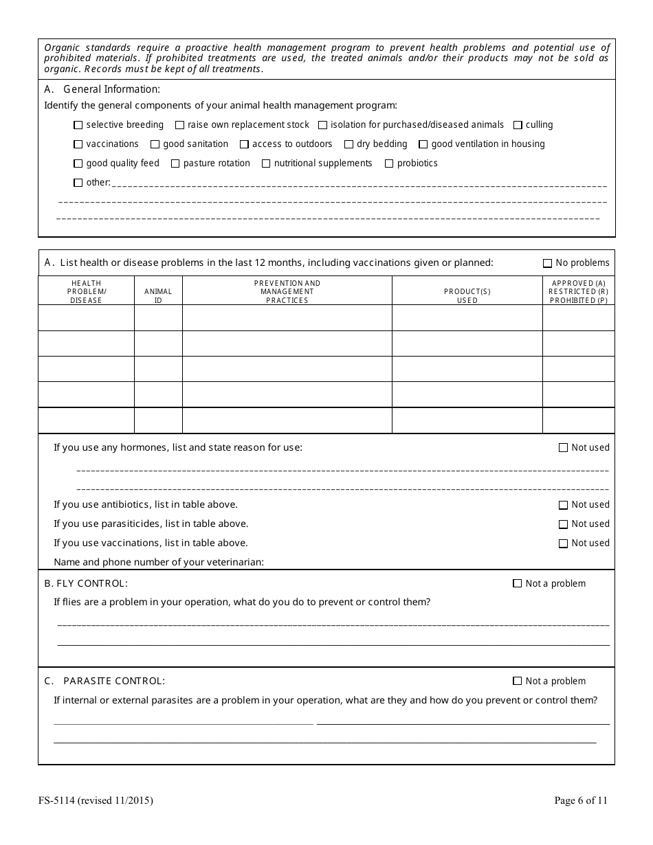 Form FS-5114 Organic Livestock Plan Application: Slaughter / Dairy - Oklahoma, Page 6