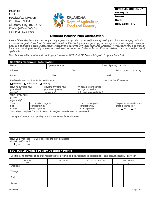 Form FS-5116 Organic Poultry Plan Application - Oklahoma