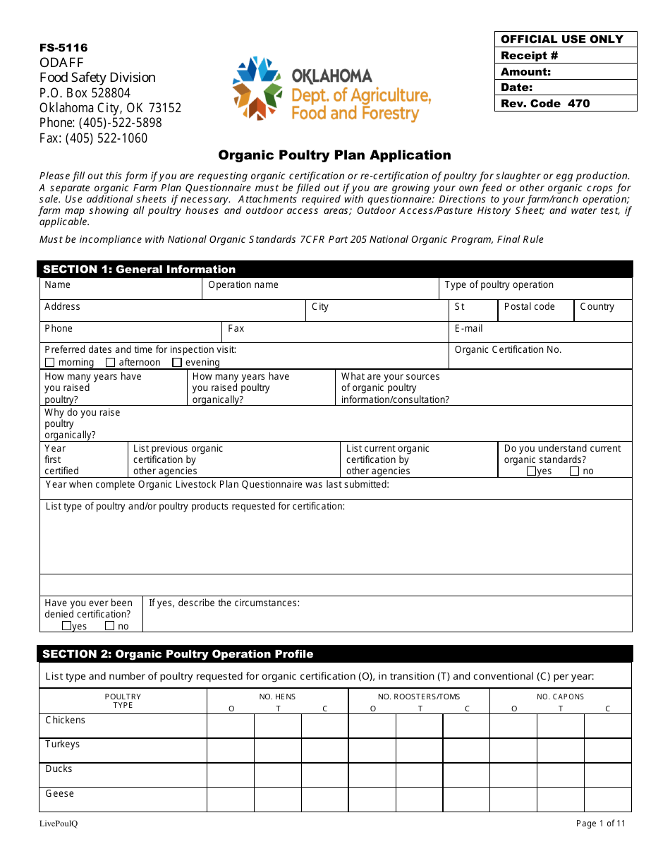 Form FS-5116 Organic Poultry Plan Application - Oklahoma, Page 1