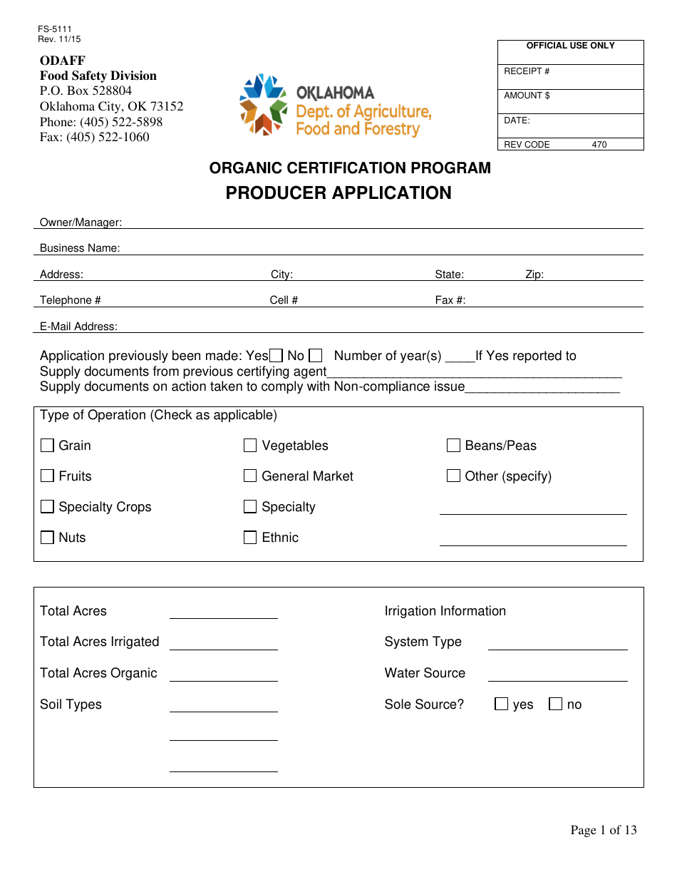 Form FS-5111 Producer Application - Organic Certification Program - Oklahoma, Page 1