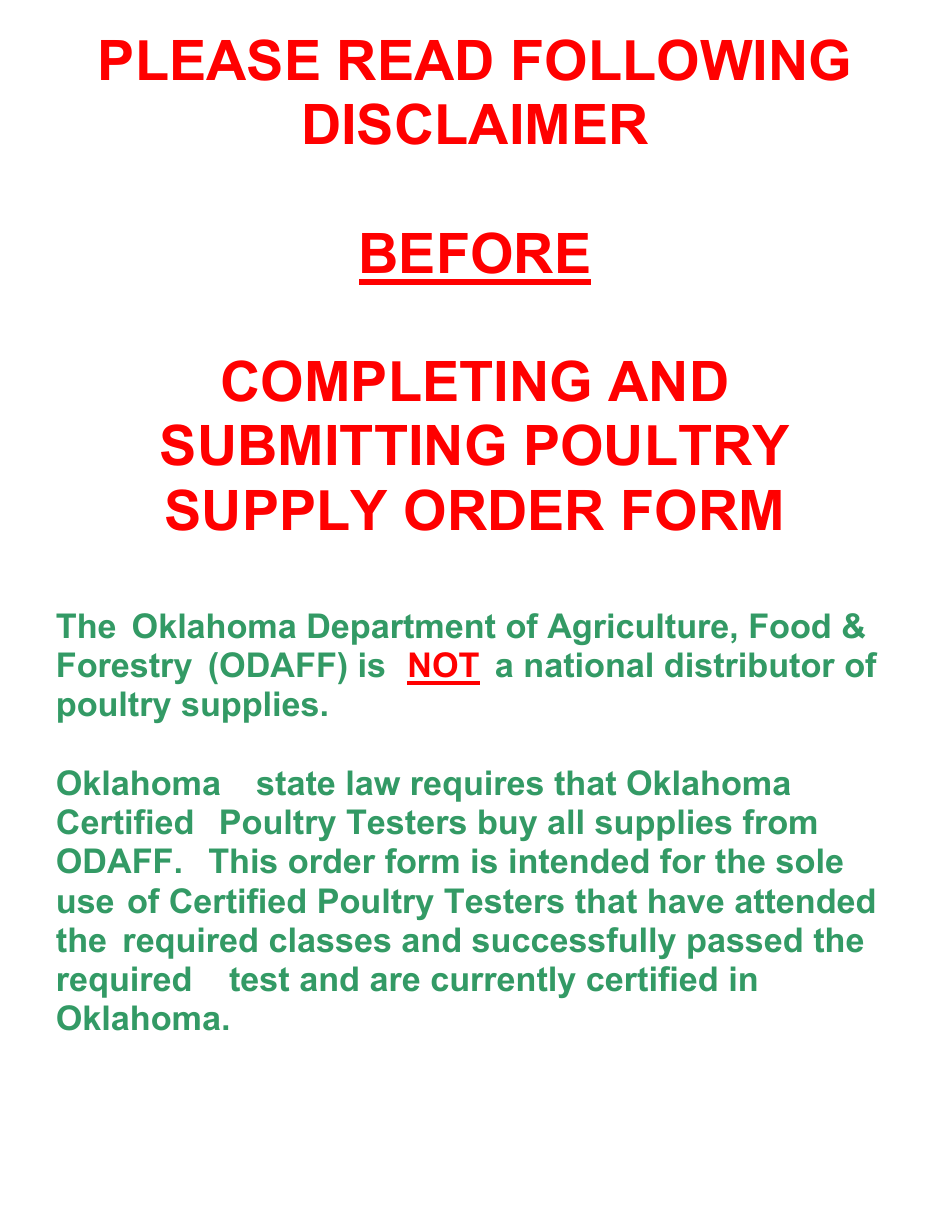 Poultry Supply Order Form - Oklahoma, Page 1