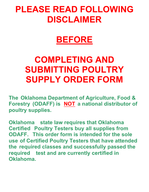 Poultry Supply Order Form - Oklahoma