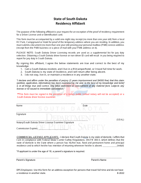 Residency Affidavit - South Dakota Download Pdf