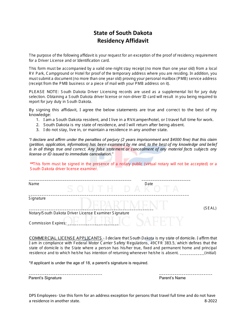 South Dakota Residency Affidavit Fill Out, Sign Online and Download