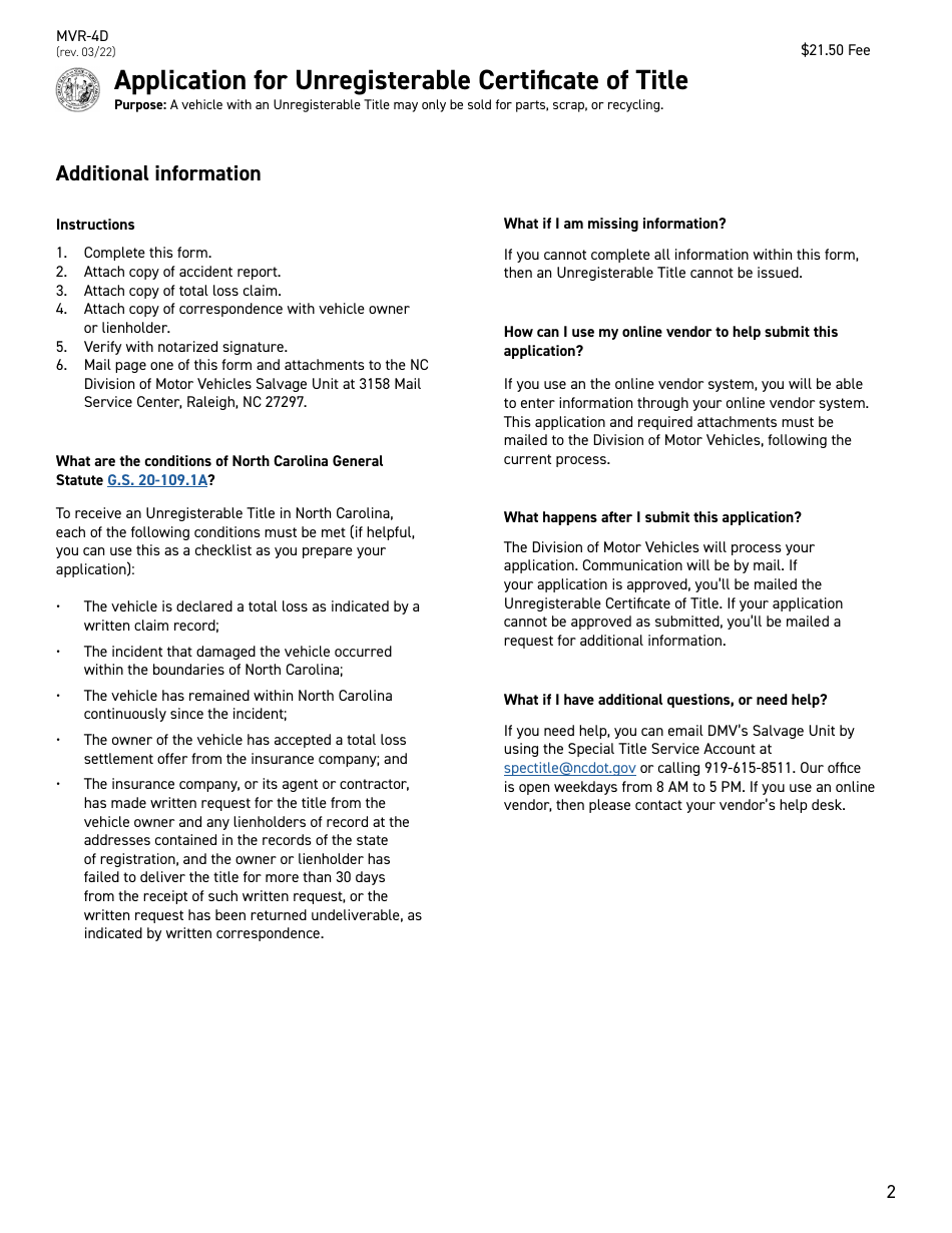 Form MVR-4D Application for Unregisterable Certificate of Title - North Carolina, Page 2