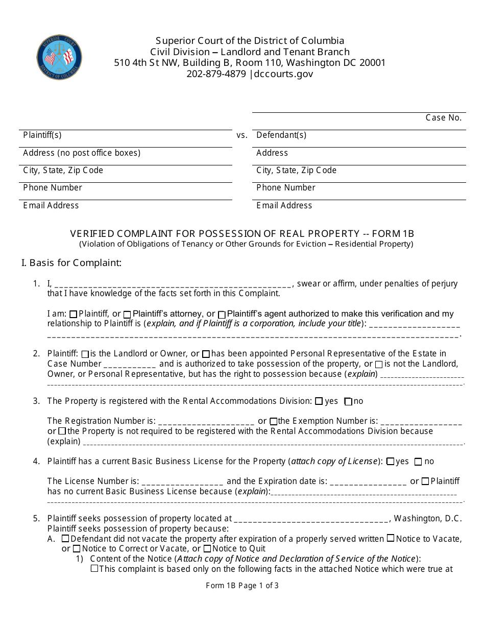 Form 1B Verified Complaint for Possession of Real Property (Violation of Obligations of Tenancy or Other Grounds for Eviction - Residential Property) - Washington, D.C., Page 1
