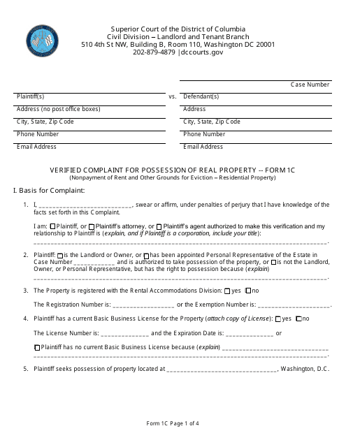 Document preview: Form 1C Verified Complaint for Possession of Real Property (Nonpayment of Rent and Other Grounds for Eviction - Residential Property) - Washington, D.C.