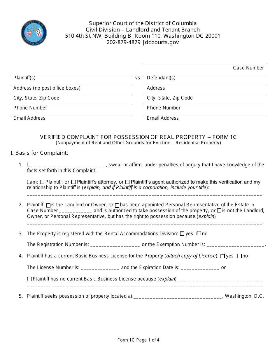 Form 1C Verified Complaint for Possession of Real Property (Nonpayment of Rent and Other Grounds for Eviction - Residential Property) - Washington, D.C., Page 1
