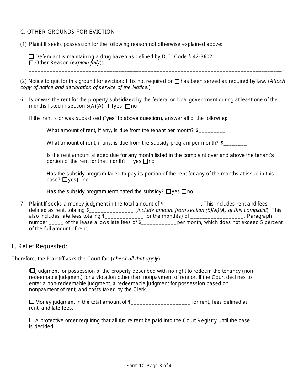 Form 1C Verified Complaint for Possession of Real Property (Nonpayment of Rent and Other Grounds for Eviction - Residential Property) - Washington, D.C., Page 3