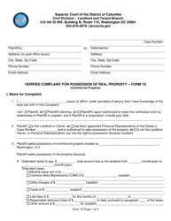 Document preview: Form 1D Verified Complaint for Possession of Real Property (Commercial Property) - Washington, D.C.