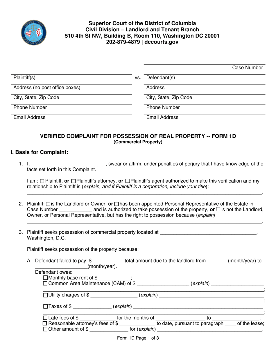 Form 1D Verified Complaint for Possession of Real Property (Commercial Property) - Washington, D.C., Page 1