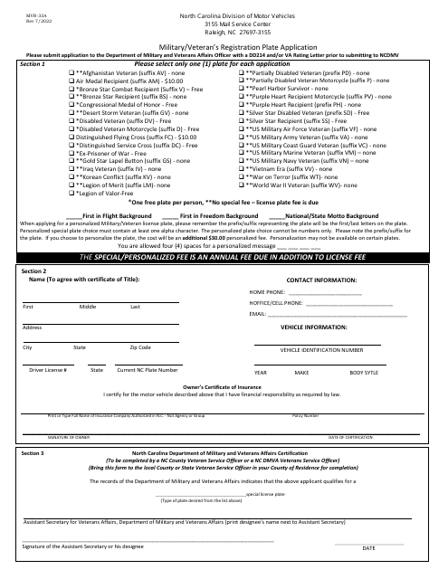 Form MVR-33A Military/Veteran's Registration Plate Application - North Carolina