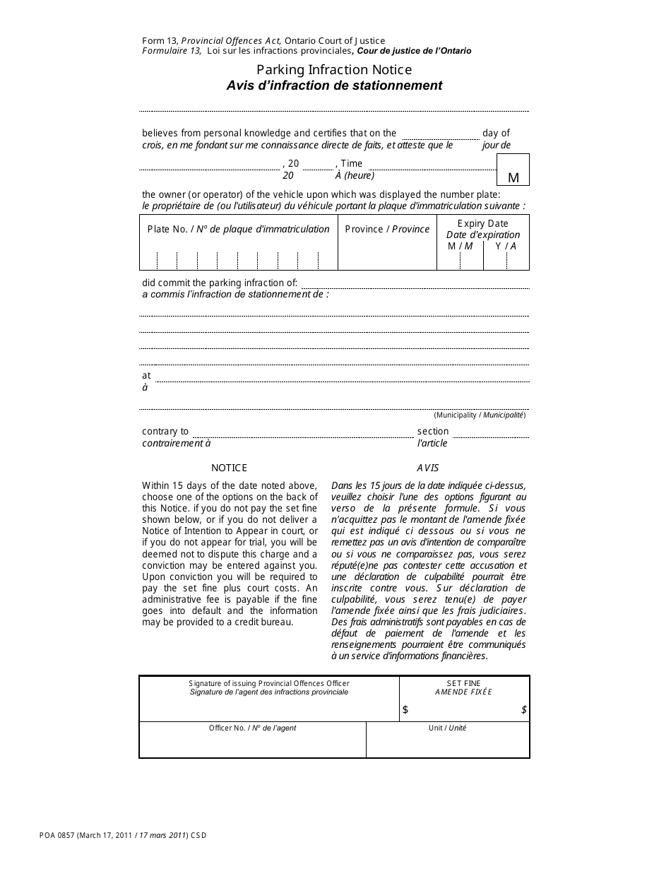 Form 13 Parking Infraction Notice - Ontario, Canada (English / French), Page 1