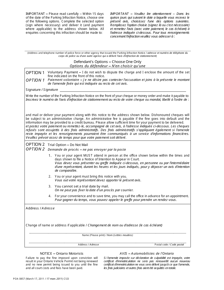 Form 13 Parking Infraction Notice - Ontario, Canada (English / French), Page 2