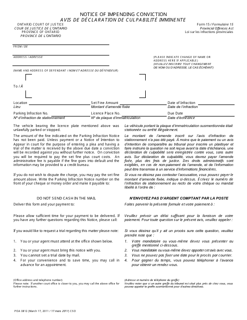 Form 15 Notice of Impending Conviction - Ontario, Canada (English/French)