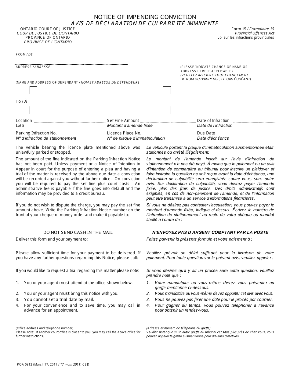Form 15 Notice of Impending Conviction - Ontario, Canada (English / French), Page 1