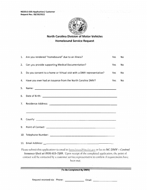 Form NGSDLS-005 Homebound Service Request - North Carolina