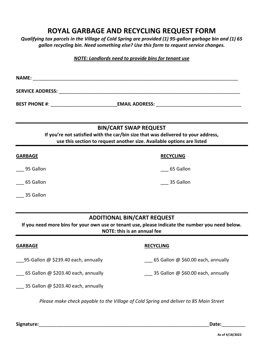 Royal Garbage and Recycling Request Form - Village of Cold Spring, New York, Page 1