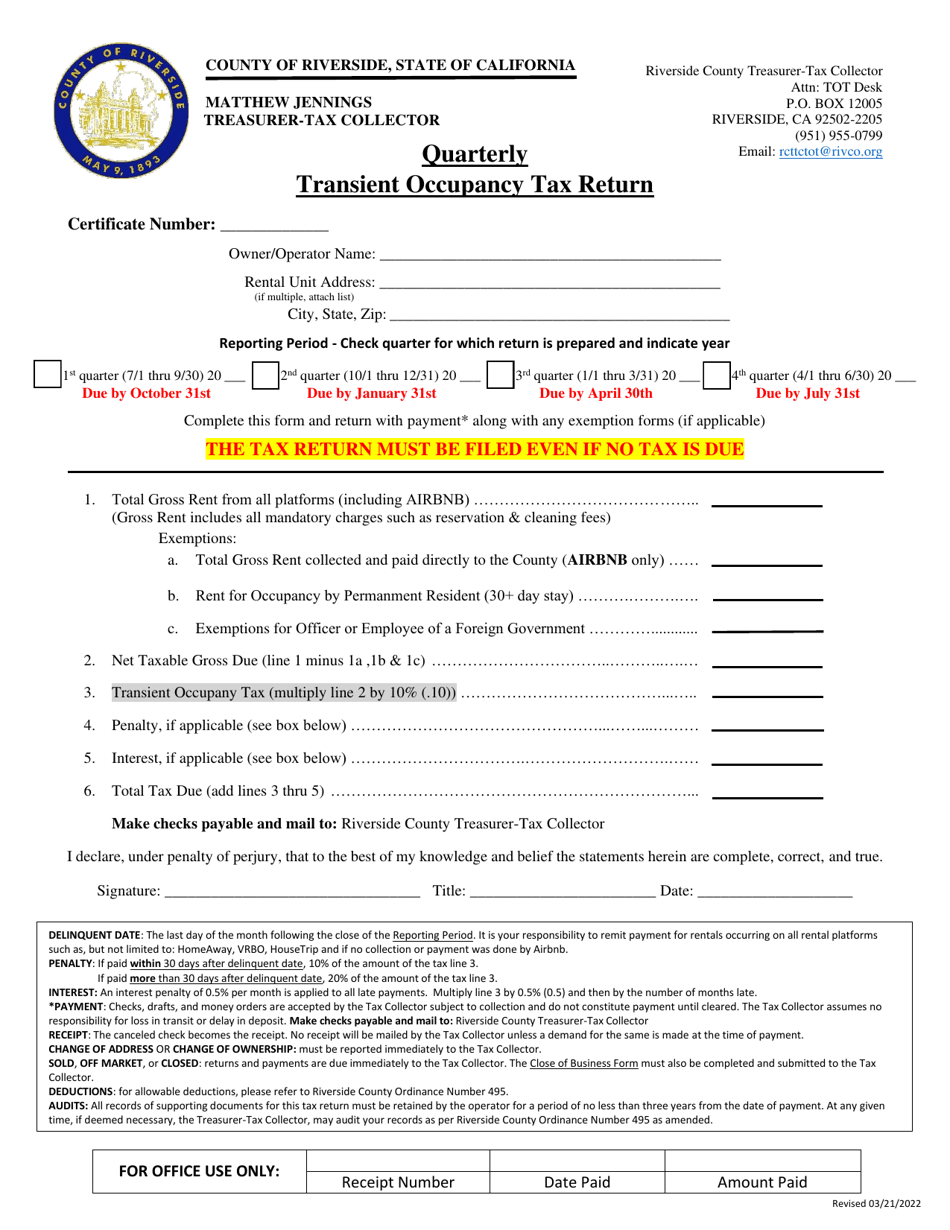 Quarterly Transient Occupancy Tax Return - County of Riverside, California, Page 1