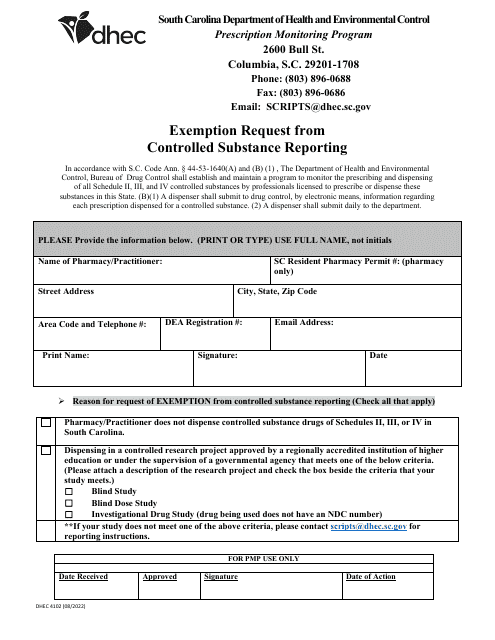 DHEC Form 4102 Exemption Request From Controlled Substance Reporting - South Carolina