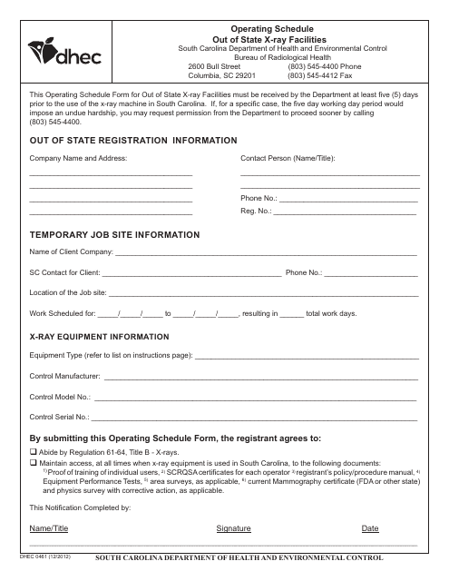 DHEC Form 0461  Printable Pdf