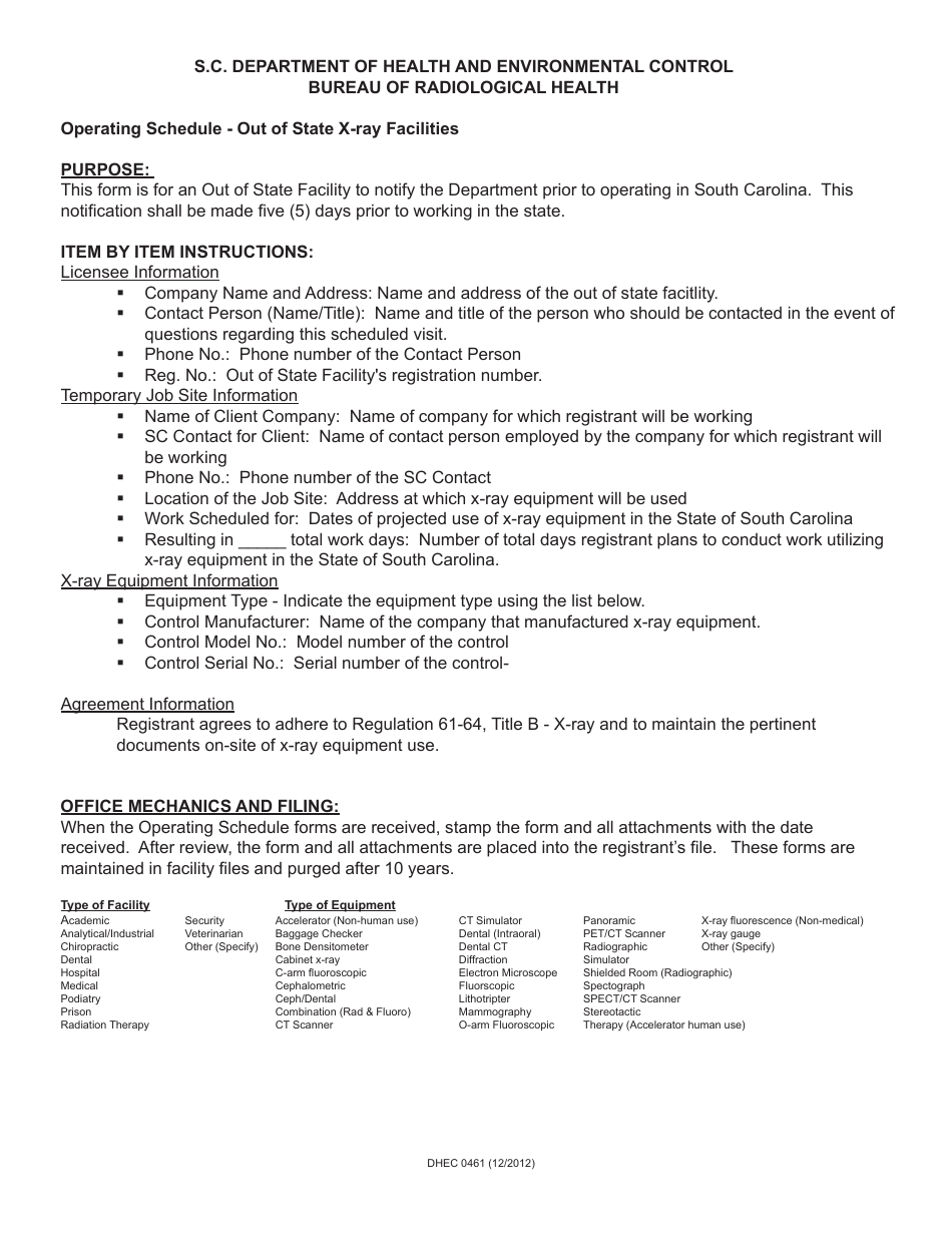 DHEC Form 0461 Operating Schedule - out of State X-Ray Facilities - South Carolina, Page 2